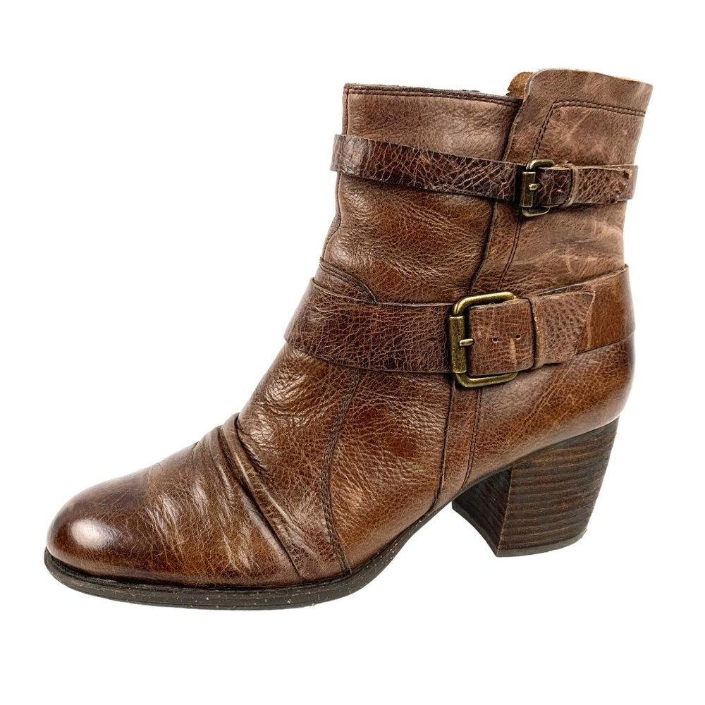 NAYA Virtue‎ Distressed Brown Leather Ruched Zip Buckle Ankle Boots